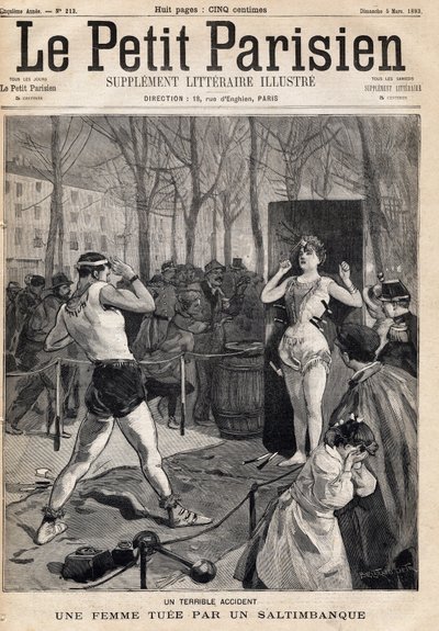 Kvinde dræbt ved et uheld under et show af saltibank på gaden, Place des Quinconces i Bordeaux. En af avisen "Le petit Parisien"" den 5/03/1893 (gravering) af French School