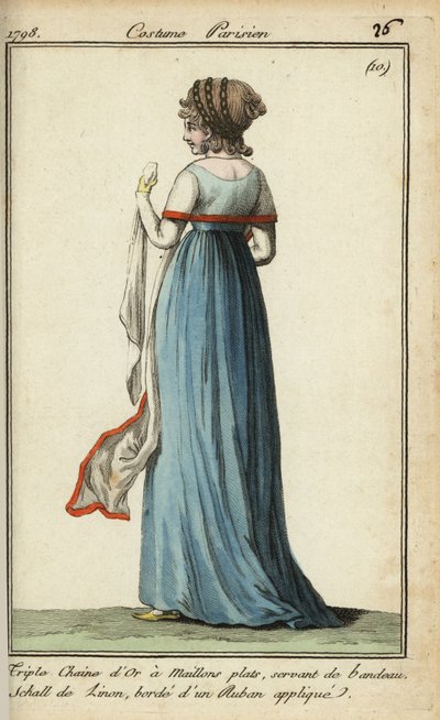 Kvinde med gennemsigtigt sjal i stil med 1798 (håndfarvet kobberstik) af French School