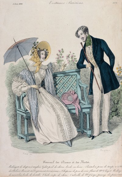 Kvinde med paraply og mand i frakke i en have, modetallerken fra Journal des Dames et des Modes, 5. juni, 1836 af French School