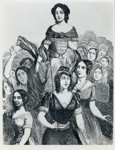 Kvinder, der bærer Jeanne Deroin (1805-94) i Triumph, fra Les Femmes Celebres, bind I, Paris, Mazenod, 1848 af French School