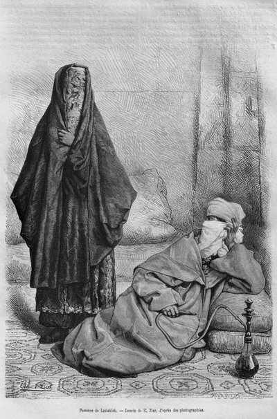 Kvinder fra Latakia, fra Syrien i dag. Rejser i Fønikien, Libanon og Judæa. 1875-1880 af Louis Charles Emile Lortet, 1884 (bw gravering) af French School
