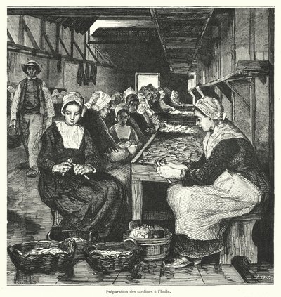 Kvinder tilbereder sardiner (gravering) af French School