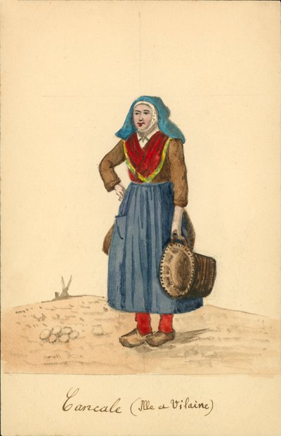 Kvindedragt fra Cancale, Ille-et-Vilaine (farvelitografi) af French School