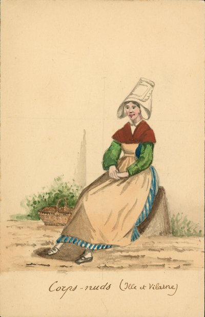 Kvindedragter fra Corps-Nuds, Ille-et-Vilaine (farvelitografi) af French School