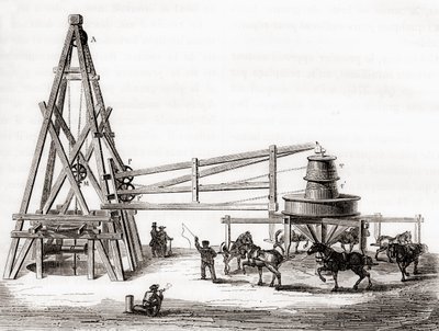 Arbejdere, der brugte karrusellen og spillet til at bore de artesiske brønde ved Grenelle, Frankrig i det 19. århundrede, fra 
