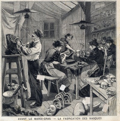 Workshop til fremstilling af masker til forklædningerne til Mardi Gras-festivalen (Mardi-Gras). I "" Le Petit Parisien"" den 14/02/1897 af French School