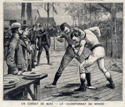 Verdensmesterskab: boksekamp mellem Jim Corbett og Bob Fitzsimmons i Carson, Nevada, USA: I "" The Little Parisien"" den 11/04/1897. Privat samling af French School