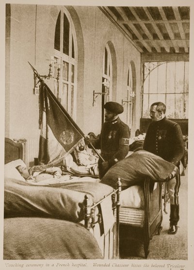 Wounded Chasseur kysser den elskede Tricolour, 1914-19 af French School