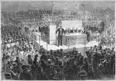 Forfatteren Ernest Legouve (1807-1903) leder et "patriotisk møde", der er organiseret for at skaffe midler til at forløse de franske departementer besat af Tyskland siden slutningen af krigen i 1870. Paris, cirkus på Champs Elysees, 25. februar af French School