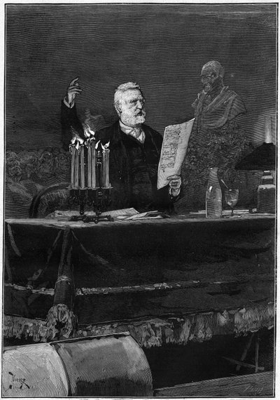 Forfatteren Victor Hugo (1802-1885) taler i anledning af hundredåret for Voltaires død, berømt ved Theatre de la Gaite i Paris den 30. maj 1878. Indgravering i "" Le Monde Illustré"" nr. 1106 af 8. juni 1878. af French School