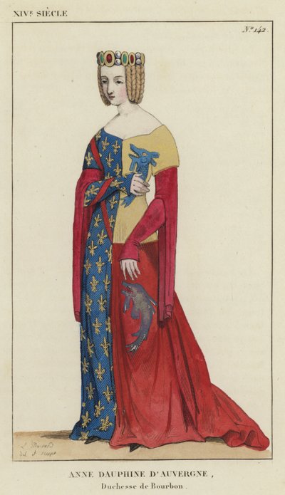 XIV Century, Anne Dauphine af Auvergne, hertuginde af Bourbon (farvet gravering) af French School