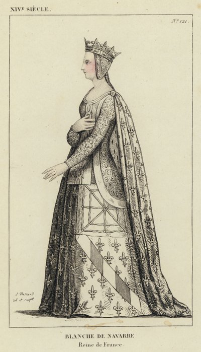 XIV Century, Blanche af Navarra, Dronning af Frankrig (farvet gravering) af French School