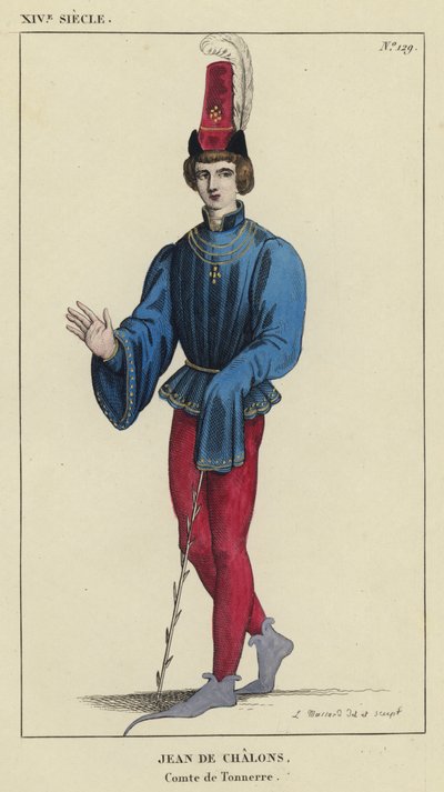 XIV Century, Jean de Chalons, greve af Tonnerre (farvet gravering) af French School