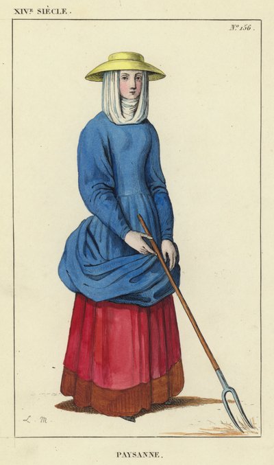 XIV århundrede, bondekvinde (farvet gravering) af French School