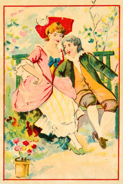 Ungt par på en bænk i en have (chromolitho) af French School