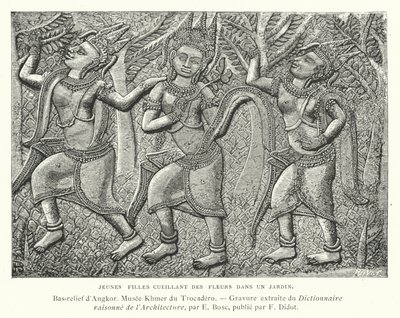 Unge piger plukker blomster i en have, basrelief fra Angkor, Cambodja (gravering) af French School