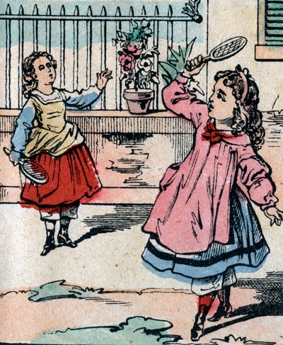 Unge piger, der leger battledore og fjerbold, tidligt spil, der ligner badmington - Epinalt billede - 1800-tallet (gravering) af French School