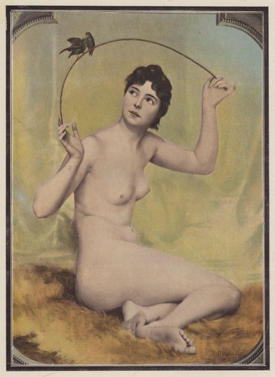 Ung nøgen kvinde med fugle (farve litho) af French School