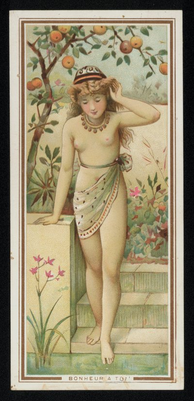 Ung kvinde i en have, lykønskningskort. (chromolitho) af French School