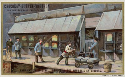 Zink fremstilling. Reducering af malm til ingots (chromolitho) af French School
