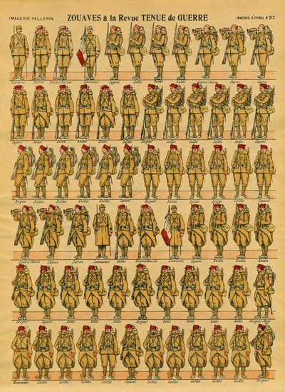 Zouaves, en fransk Armee-infanterienhed oprettet i 1830 af general Clauzel til erobringen af Algeriet. Epinal billeddannelse af French School