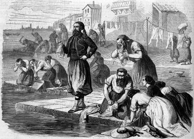 Zouaver fra den franske hær laver deres vasketøj. Italien, Risorgimento de 1859. Indgravering i "" Le Monde Illustré"" nr. 122 af 13. august 1859. af French School