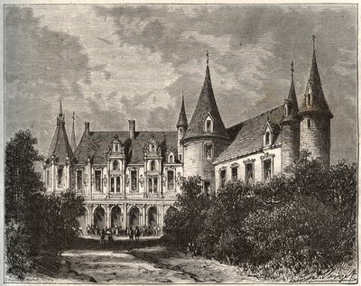 Chateau du Rocher ved Mezangers i Mayenne - indgravering i "La France illustrée: geografi, historie, statistisk administration" af V.A. Malt-Brown. 1884 af French School