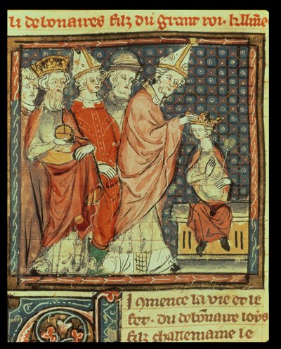 f.142r Kroningen af Ludvig I den fromme (778-840) hellige romerske kejser af pave Stephen IV (pave 816-817) i Reims i 816, fra Grandes Chroniques de France, 1375-79 af French School