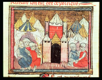 f.259r Belejringen af Chateau-Gaillard i 1204, da Philip Augustus af Frankrig (1165-1223) besejrede kong John (Lackland) af England (1199-1216), fra Grandes Chroniques de France, 1375-79 af French School