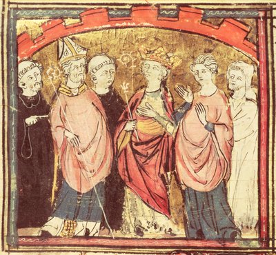 f.73r Dagobert I (605-39), konge af frankerne, der modtog kongeriget Frankrig, fra Grandes Chroniques de France, 1375-79 af French School