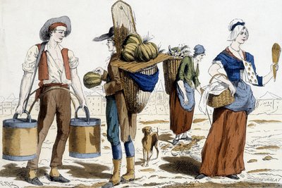 Illustration af kostumer i Paris i det 18. århundrede: vandbærer, melonhandler, chiffonnier, fornøjelseshandler. af French School