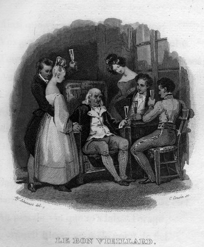 den gode gamle mand Chanson de Beranger i ""Oeuvres fuldender"" (1834) af Pierre Jean de Beranger (1780-1857), fransk digter og sangskriver. af French School