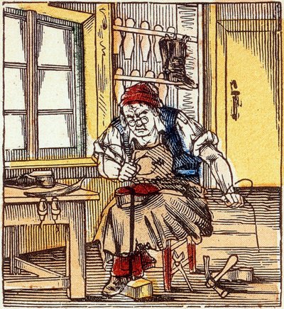 erhverv: skomager, der reparerer en sål, slutningen af 1800-tallet (gravering) af French School