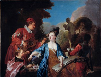 smag den i en park Unge af adelen får serveret teen i haven af en ung sort tjener. Maleri af den franske skole. 1700-tallet. Søn 1,71x1,32 m Rouen, musee des Beaux Arts af French School