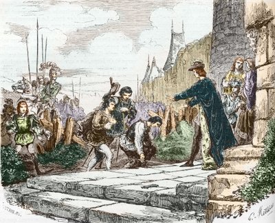 delfinen Ludvig (dengang Ludvig XI), hertugen Johannes II af Alencon og hertugen Karl I af Bourbon beder kong Karl VII om tilgivelse af French School