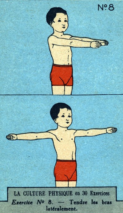 træning, fitness, kropsøvelser, godt helbred, sund (kromolitografi) begyndelsen af det 20. århundrede af French School
