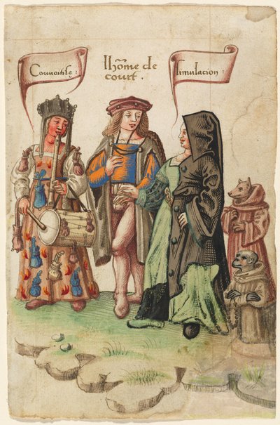 En hofmand, der står mellem begærlighed og dissimulation [fol. 14 recto] af French early 16th Century