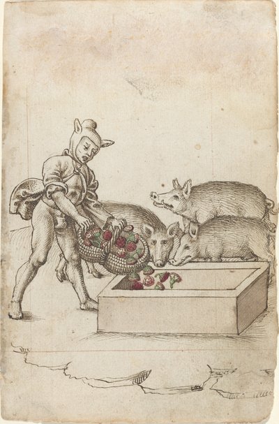 En tåbe, der fodrer med blomster til svin [fol. 42 recto] af French early 16th Century
