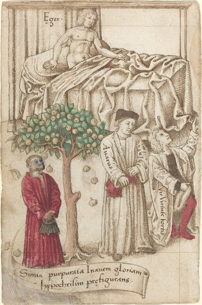 En abe i lilla med en syg mand, en god mand og en gnier [fol. 36 verso] af French early 16th Century