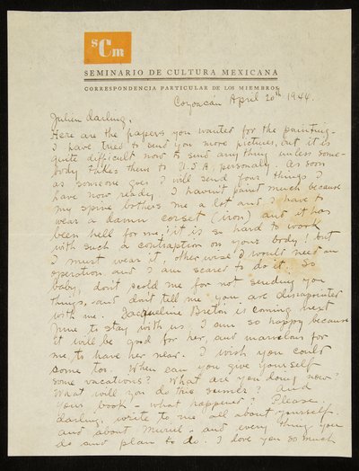 Brev fra Frida Kahlo til Julien Levy, på engelsk, 20. april 1944 (pen og blæk på papir) af Frida Kahlo