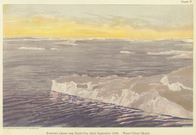 Aften blandt drivisen, 22. september 1893, akvarelskitse (farve litho) af Fridtjof Nansen