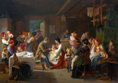 Vaccination contre la variole a la campagne - En vaccination mod kopper på landet - Friedrich Adolph Hornemann (1813-1890). Olie på lærred af Friedrich Adolph Hornemann