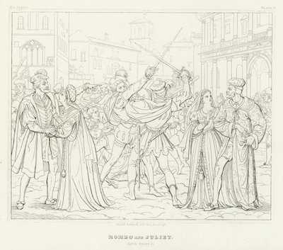 Romeo og Julie, 1. akt, scene 1 (gravering) af Friedrich August Moritz Retzsch