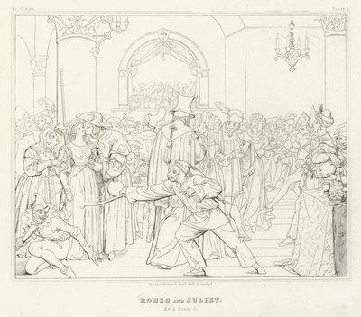 Romeo og Julie, 1. akt, scene 5 (gravering) af Friedrich August Moritz Retzsch