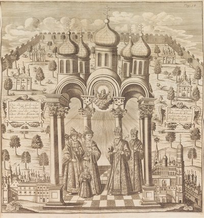 Feodor III, Peter I, Ivan V og Patriark Adrian I. Fra Das veraenderte Russland..., 1721. af Friedrich Christian Weber
