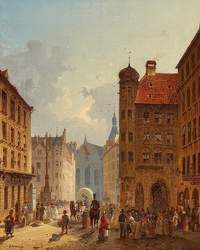 München - Udsigt fra Kaufingerstrasse til det gamle rådhus. 1849 af Friedrich Eibner