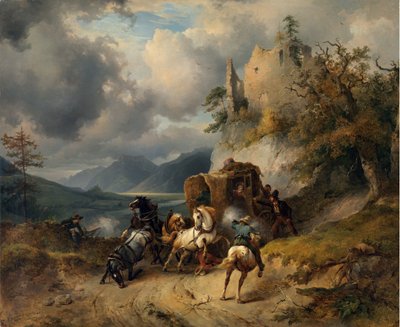 Røveriet af Gauermann, Friedrich August Matthias (1807-1862). Olie på lærred, størrelse: 60,5x74 af Friedrich Gauermann