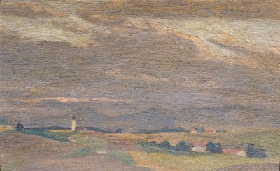 Aftenlandskab med kirketårn af Friedrich Hasslwander