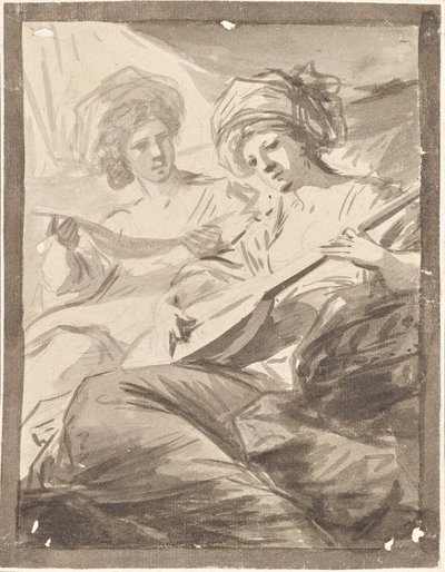 To kvinder med mandolin (studie til dobbeltportræt af søstrene Victoire og Sophie von Fries?) af Friedrich Heinrich Fuger