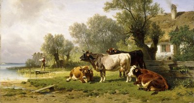 Kvæg i en bondegård langs en flod med en fisker hinsides, 1881 af Friedrich Johann Voltz